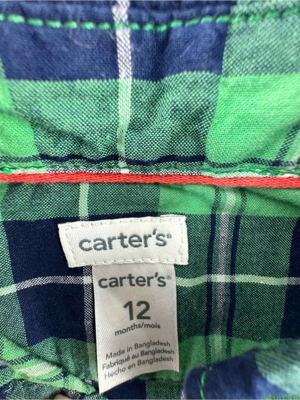Carter's Navy and Green Plaid Matching Set with drawstring waist jeans 12m